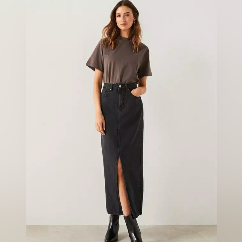 Mango MNG Women's Small Black/Grey Denim Front Slit Midi 3/4 Jean Skirt